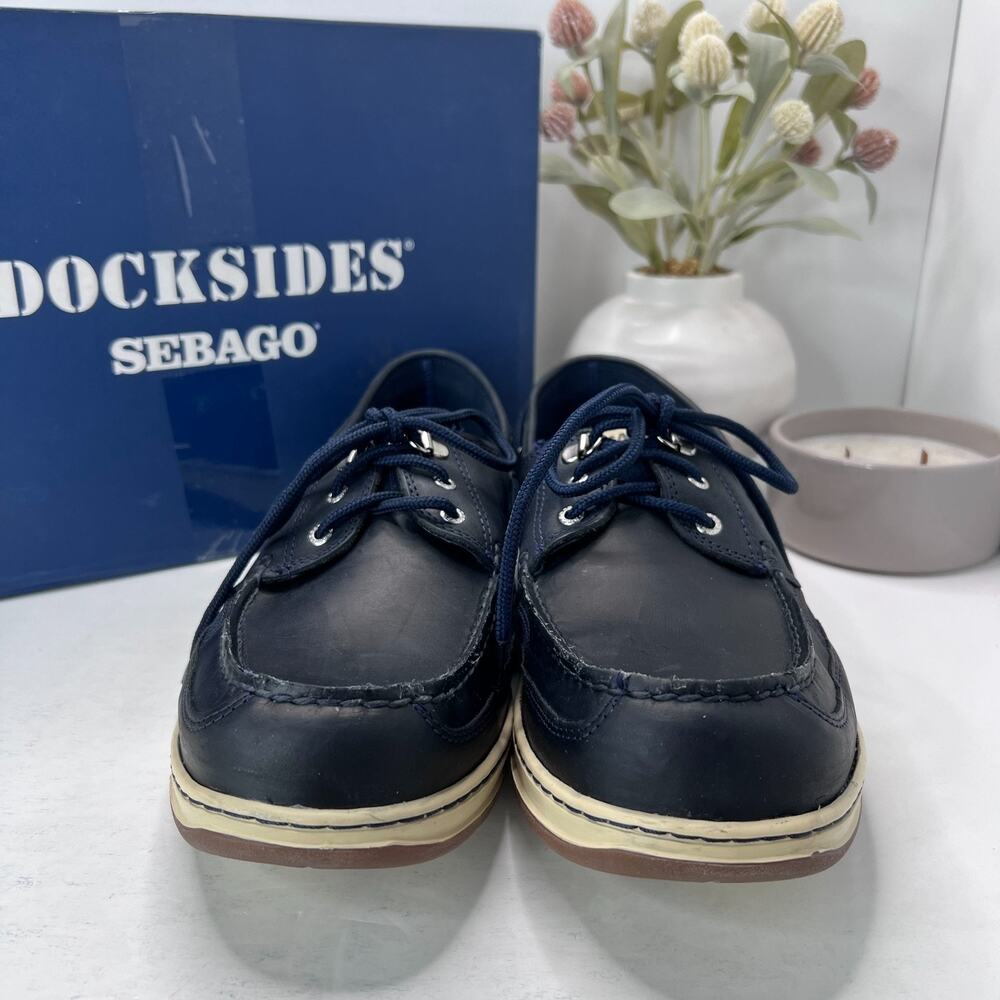 Sebago Docksides Leather Upper Boat Shoes Lace Up Navy Blue Men's 13R Tried On - Picture 4 of 10